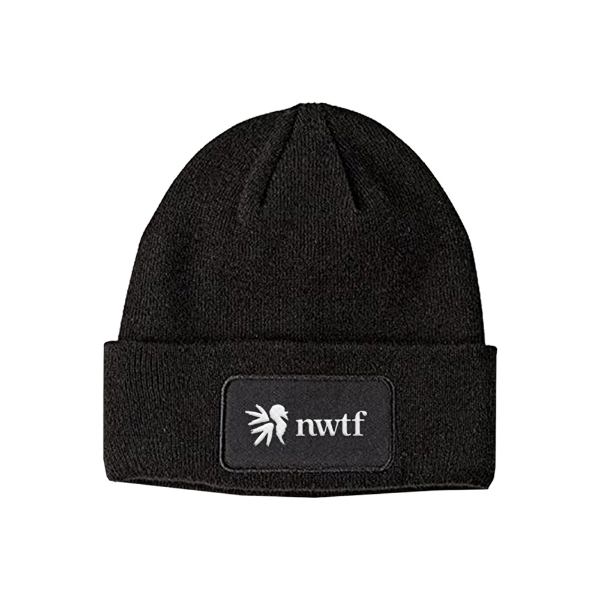 Black Patch Beanie Product Image on white background	